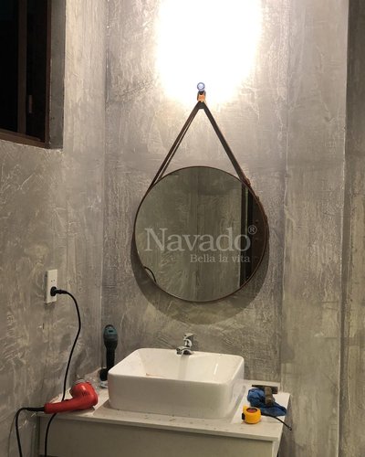 Gương tròn dây da treo phòng tắm 60cm