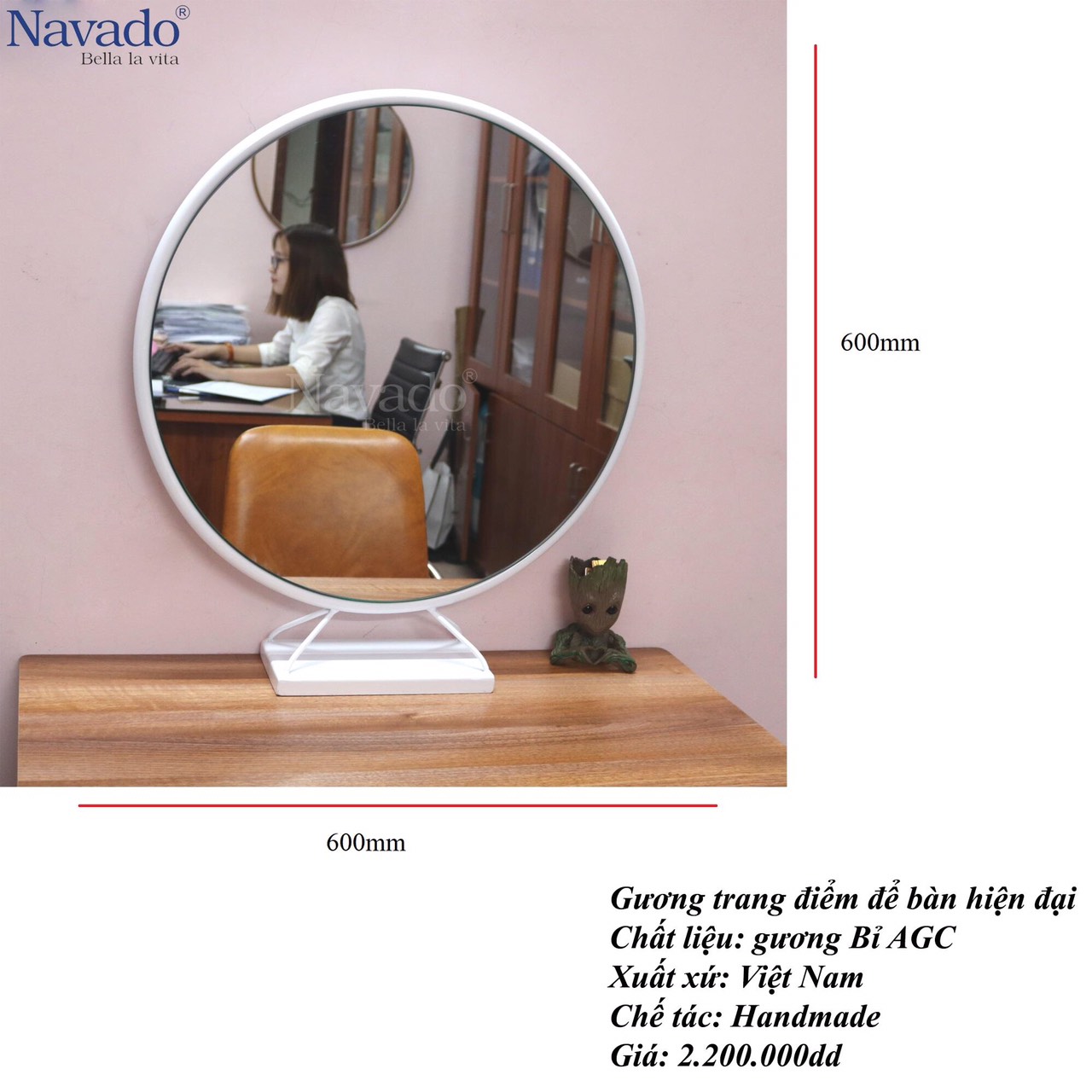 Gương tròn bàn trang điểm khung gỗ để bàn, gắn tường tiện lợi tích hợp đèn  LED thông minh